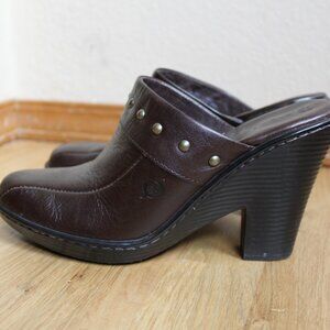 New Born Brown Leather High Heel Mules Shoes Brass Studs 8